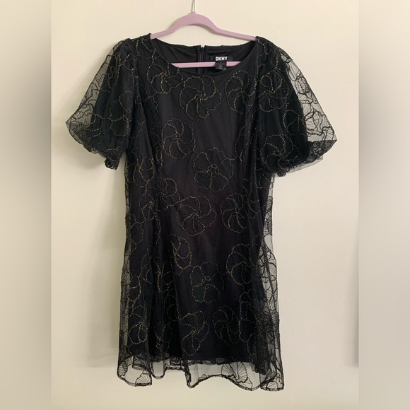 DKNY Black and Gold Embroidered Floral Mini Dress - Picture 2 of 4